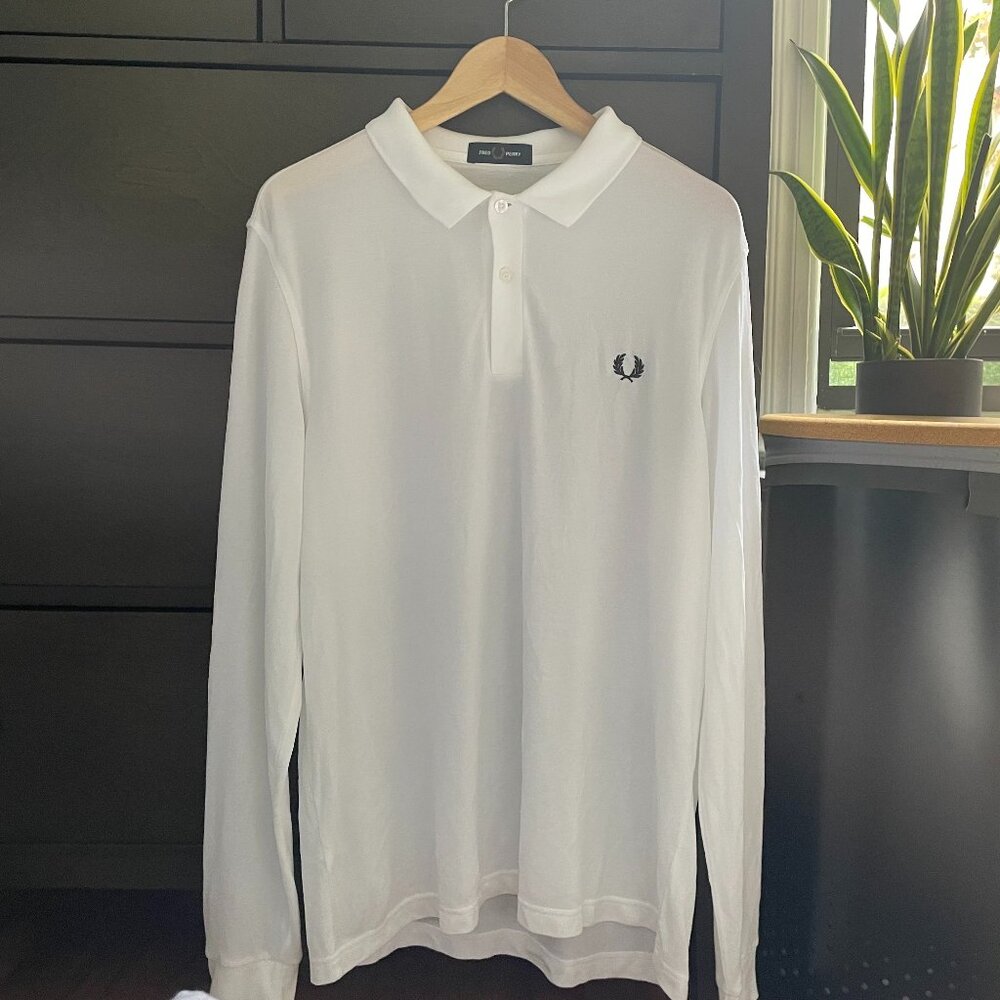 White Long Sleeve Fred Perry Polo (Large)
